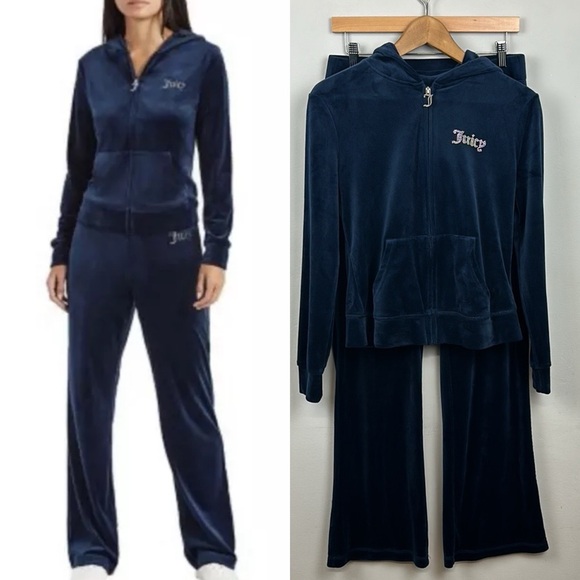 Juicy Couture Navy Blue Velour Jacket and Pants Tracksuit Set Sz S/M